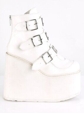 White Vegan Leather Ankle Boots with Triple Buckle Straps
